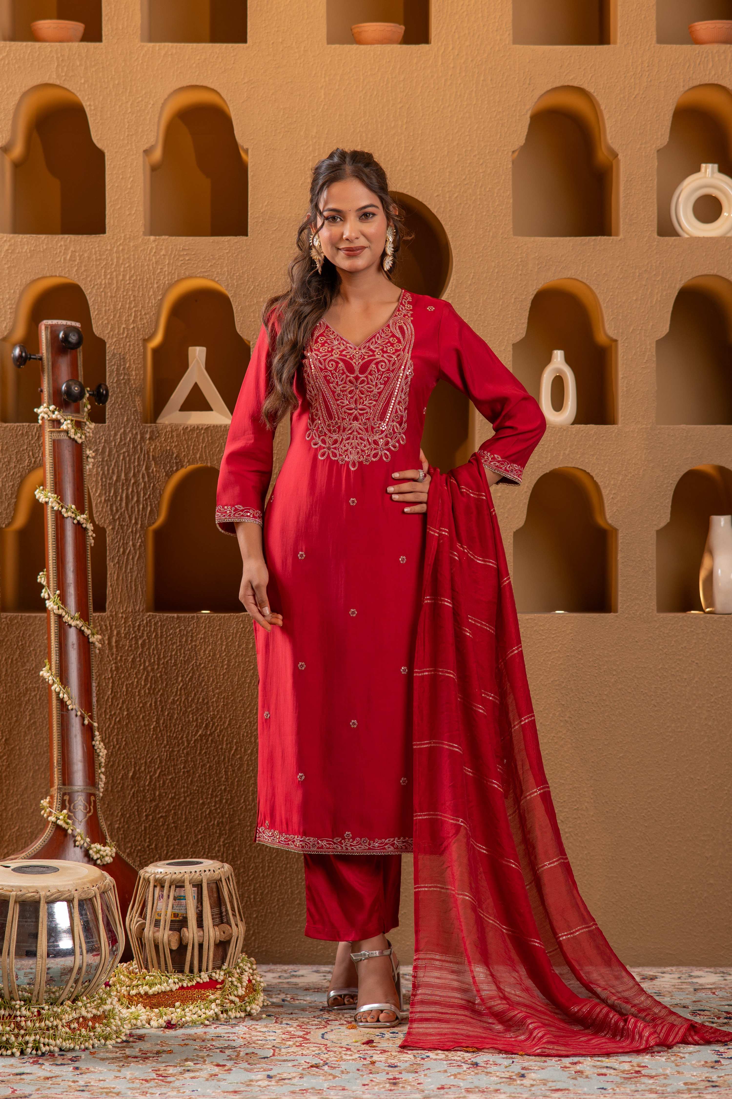 Juniper Red Embroidered Straight Kurta With Pant & Striped Dupatta - Distacart