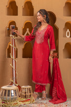 Juniper Red Embroidered Straight Kurta With Pant & Striped Dupatta - Distacart