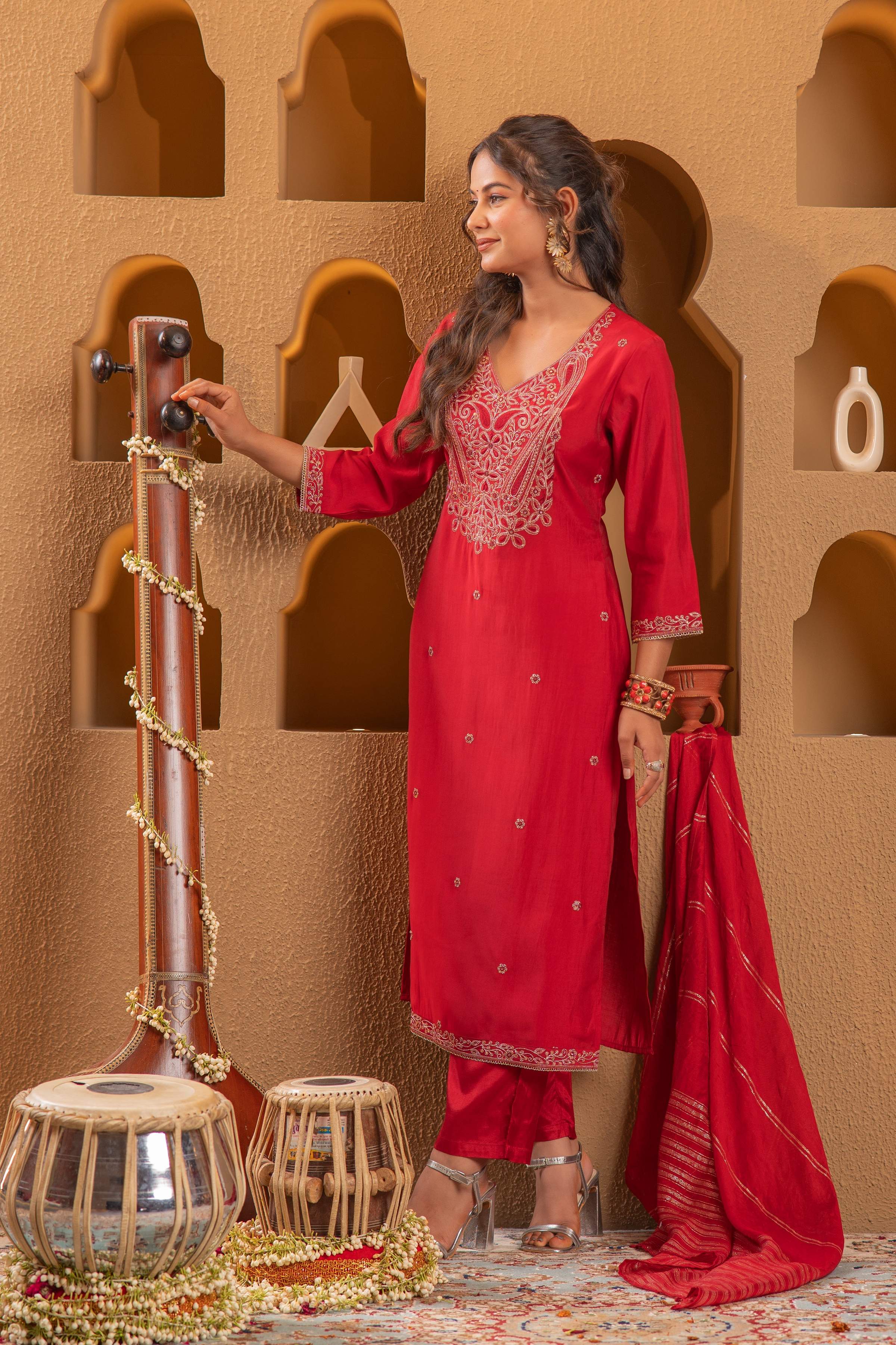 Juniper Red Embroidered Straight Kurta With Pant & Striped Dupatta - Distacart