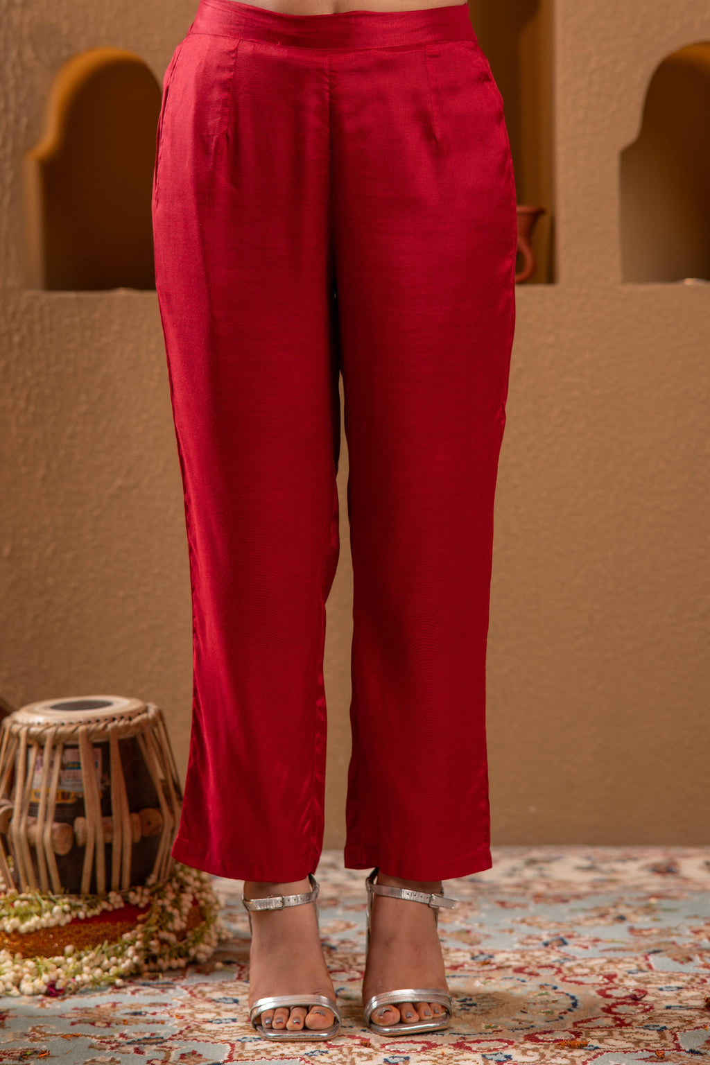 Juniper Red Embroidered Straight Kurta With Pant & Striped Dupatta - Distacart
