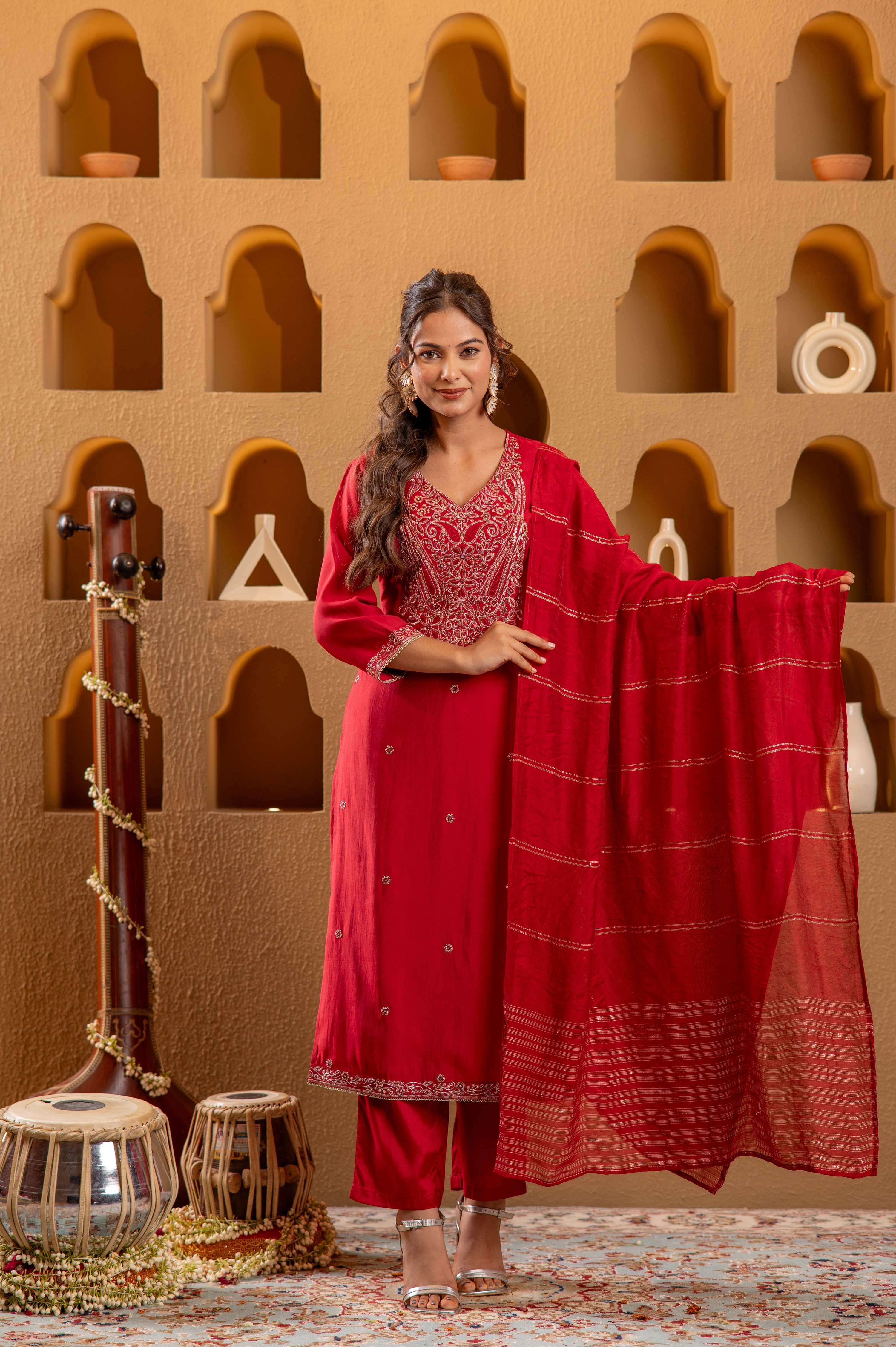 Juniper Red Viscose Straight Kurta With Pants & Dupatta Set With Zari & Sequence Work - Distacart