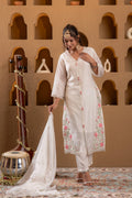 Juniper Ivory Viscose Kurta With Pants & Dupatta Set With Mirror & Thread Work - Distacart
