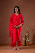 Juniper Red Anarkali Kurta Set With Embroidery And Scallop Hemline - Distacart