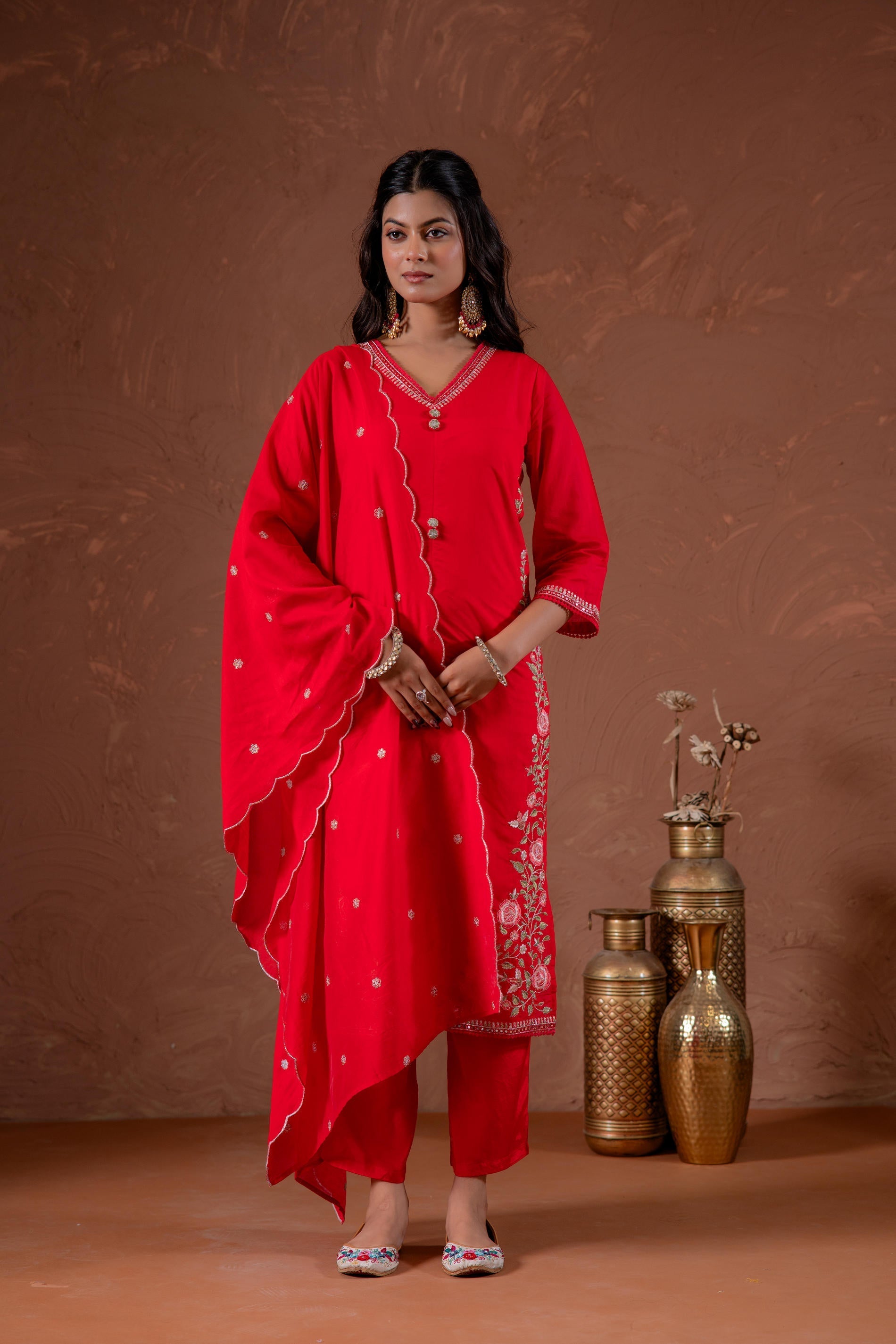 Juniper Red Anarkali Kurta Set With Embroidery And Scallop Hemline - Distacart