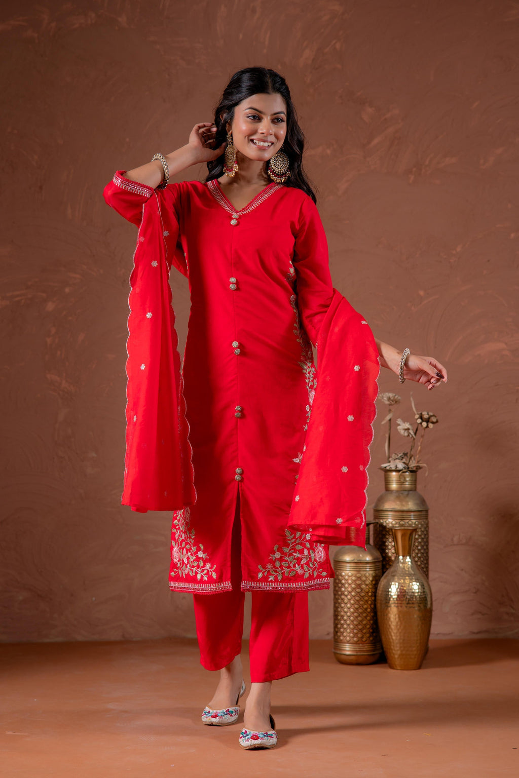 Juniper Red Anarkali Kurta Set With Embroidery And Scallop Hemline - Distacart