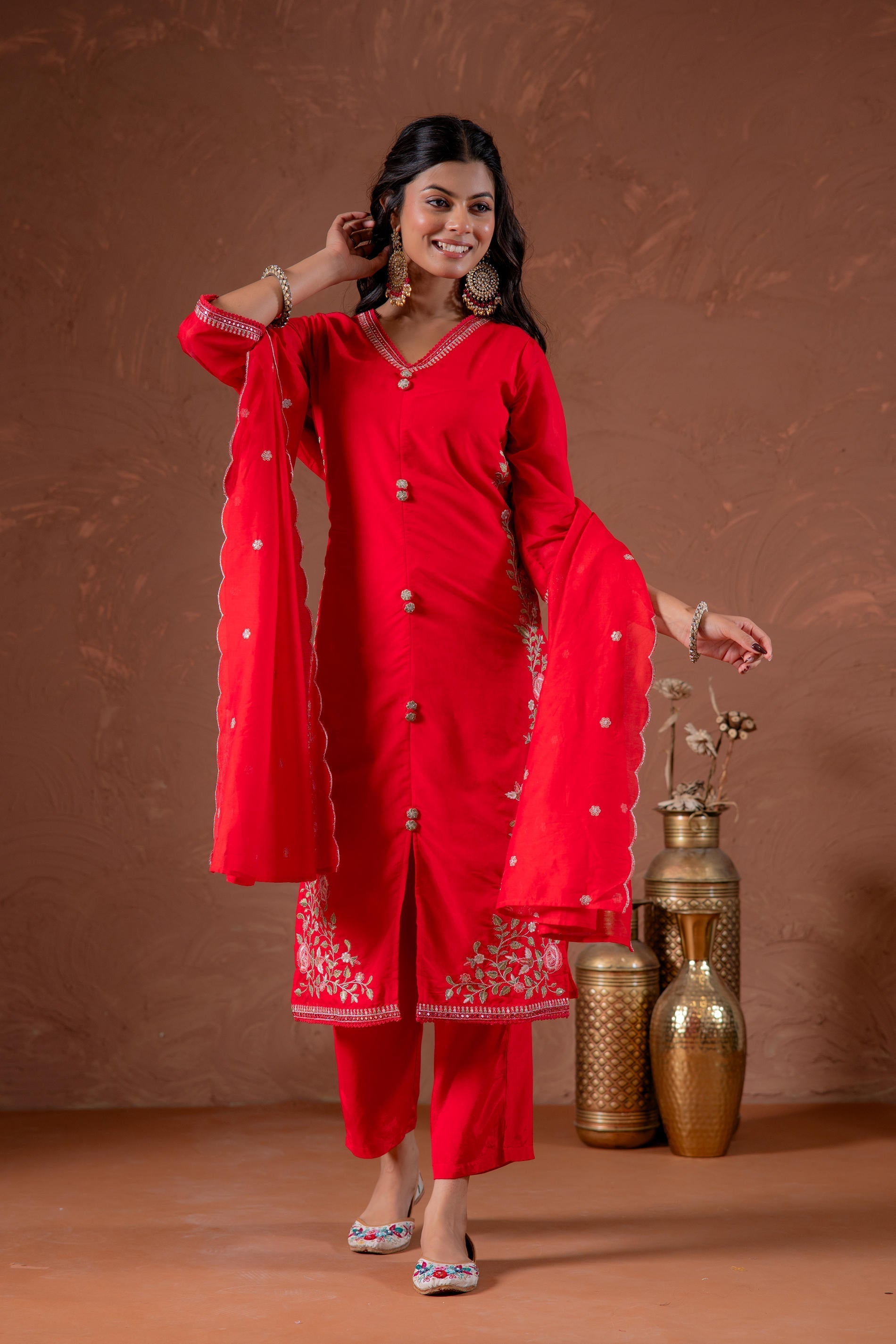 Juniper Red Anarkali Kurta Set With Embroidery And Scallop Hemline - Distacart