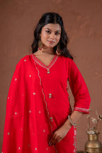 Juniper Red Anarkali Kurta Set With Embroidery And Scallop Hemline - Distacart