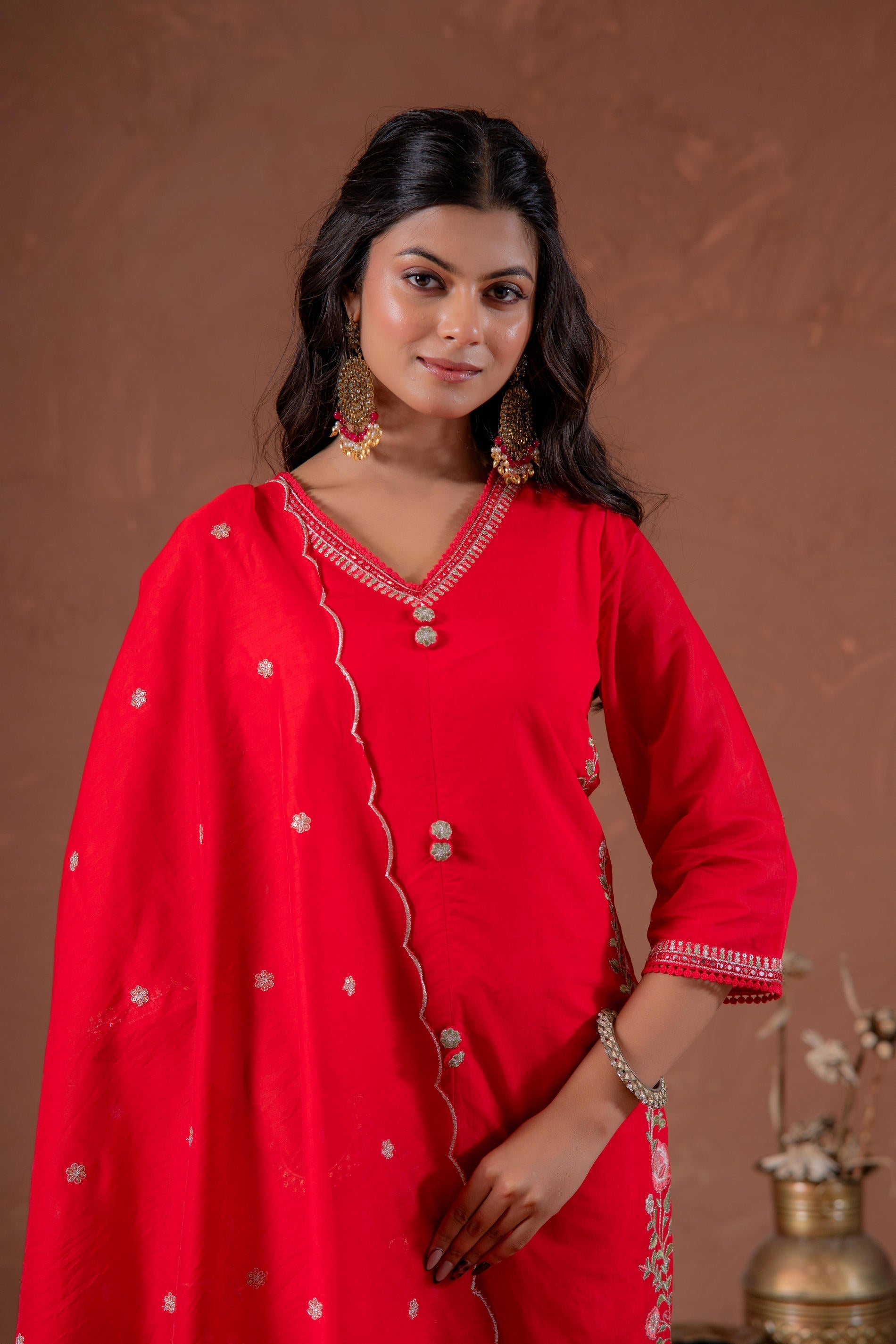 Juniper Red Anarkali Kurta Set With Embroidery And Scallop Hemline - Distacart