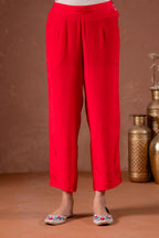 Juniper Red Anarkali Kurta Set With Embroidery And Scallop Hemline - Distacart