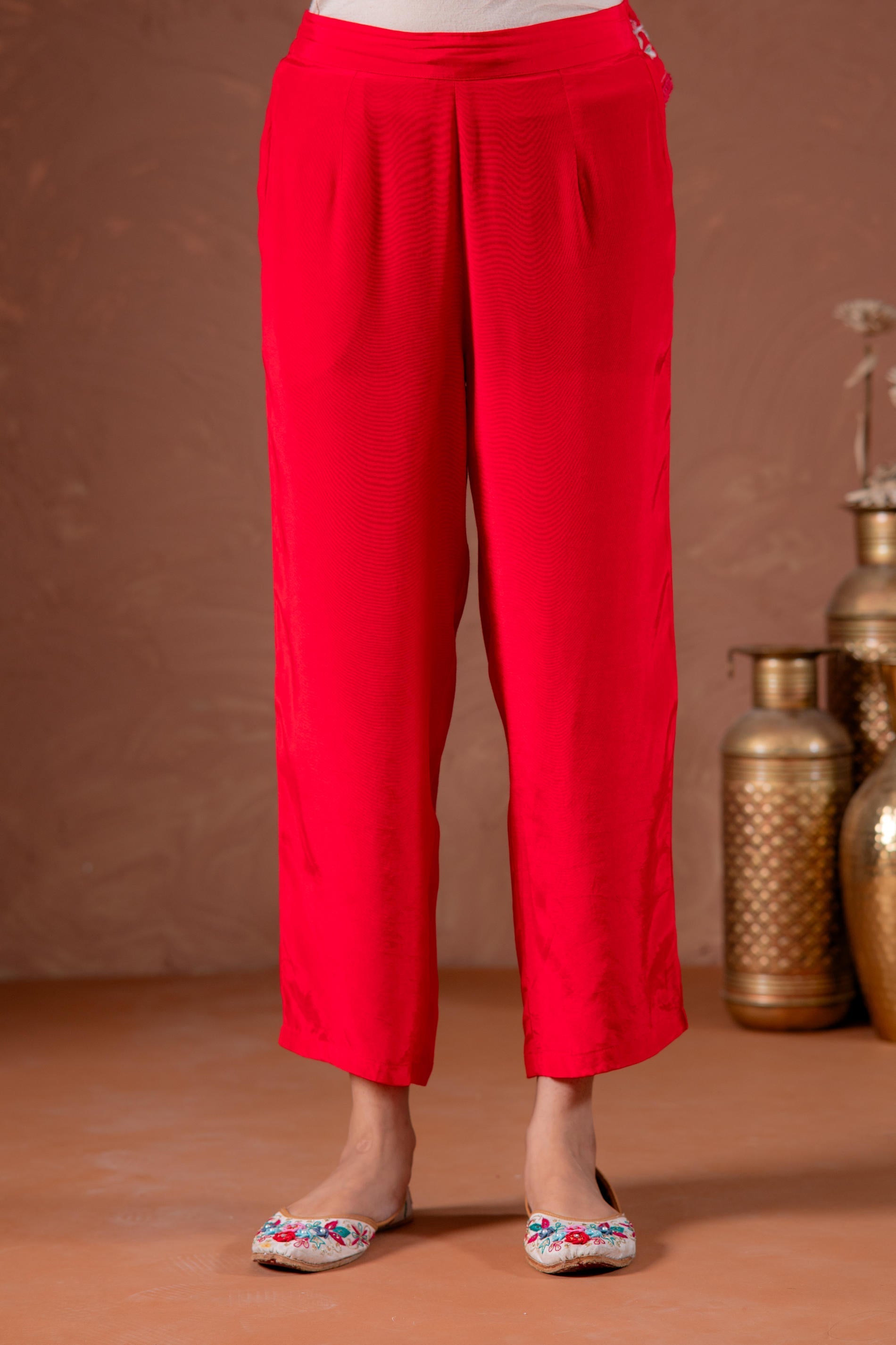 Juniper Red Anarkali Kurta Set With Embroidery And Scallop Hemline - Distacart