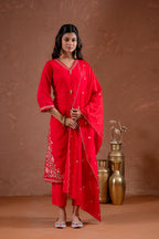 Juniper Red Anarkali Kurta Set With Embroidery And Scallop Hemline - Distacart