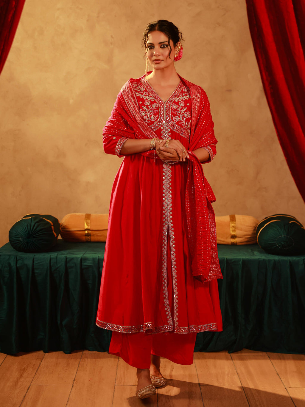 Juniper Magenta Viscose Solid Fit & Flared Kurta With Pants & Dupatta Set With Mirror, Thread, Dori & Sequence Work - Distacart