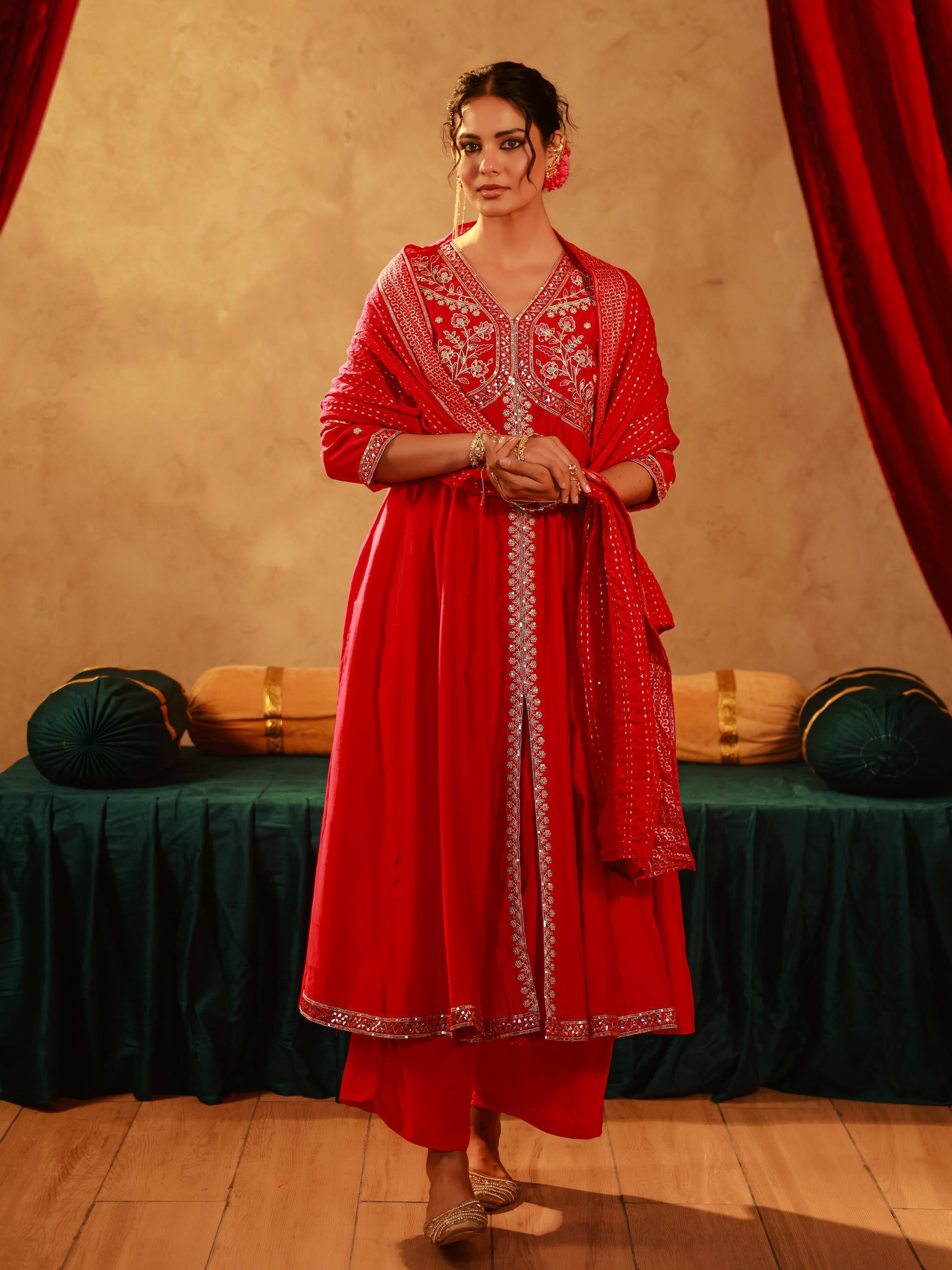 Juniper Magenta Viscose Solid Fit & Flared Kurta With Pants & Dupatta Set With Mirror, Thread, Dori & Sequence Work - Distacart