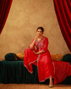 Juniper Magenta Viscose Solid Fit & Flared Kurta With Pants & Dupatta Set With Mirror, Thread, Dori & Sequence Work - Distacart