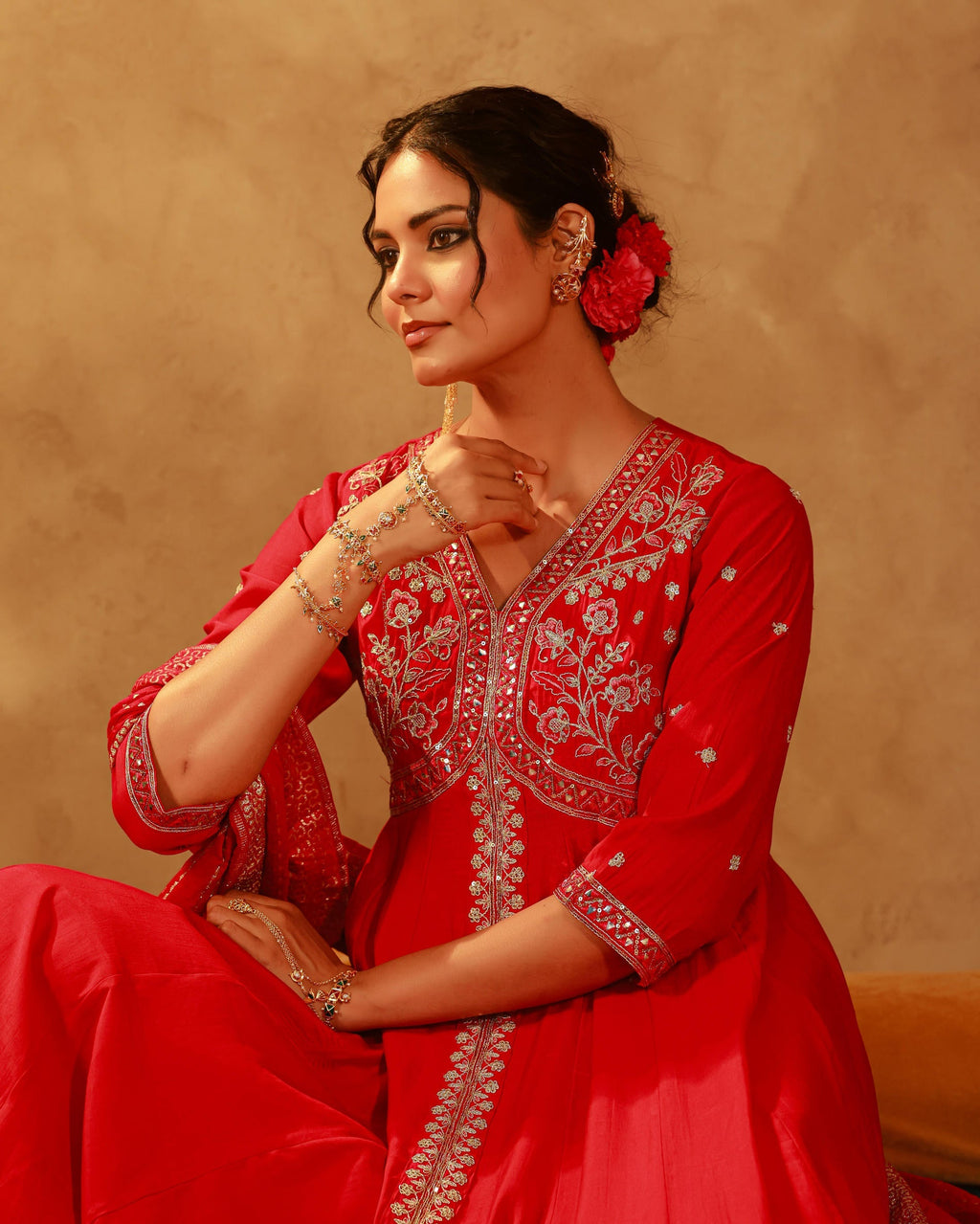 Juniper Magenta Viscose Solid Fit & Flared Kurta With Pants & Dupatta Set With Mirror, Thread, Dori & Sequence Work - Distacart