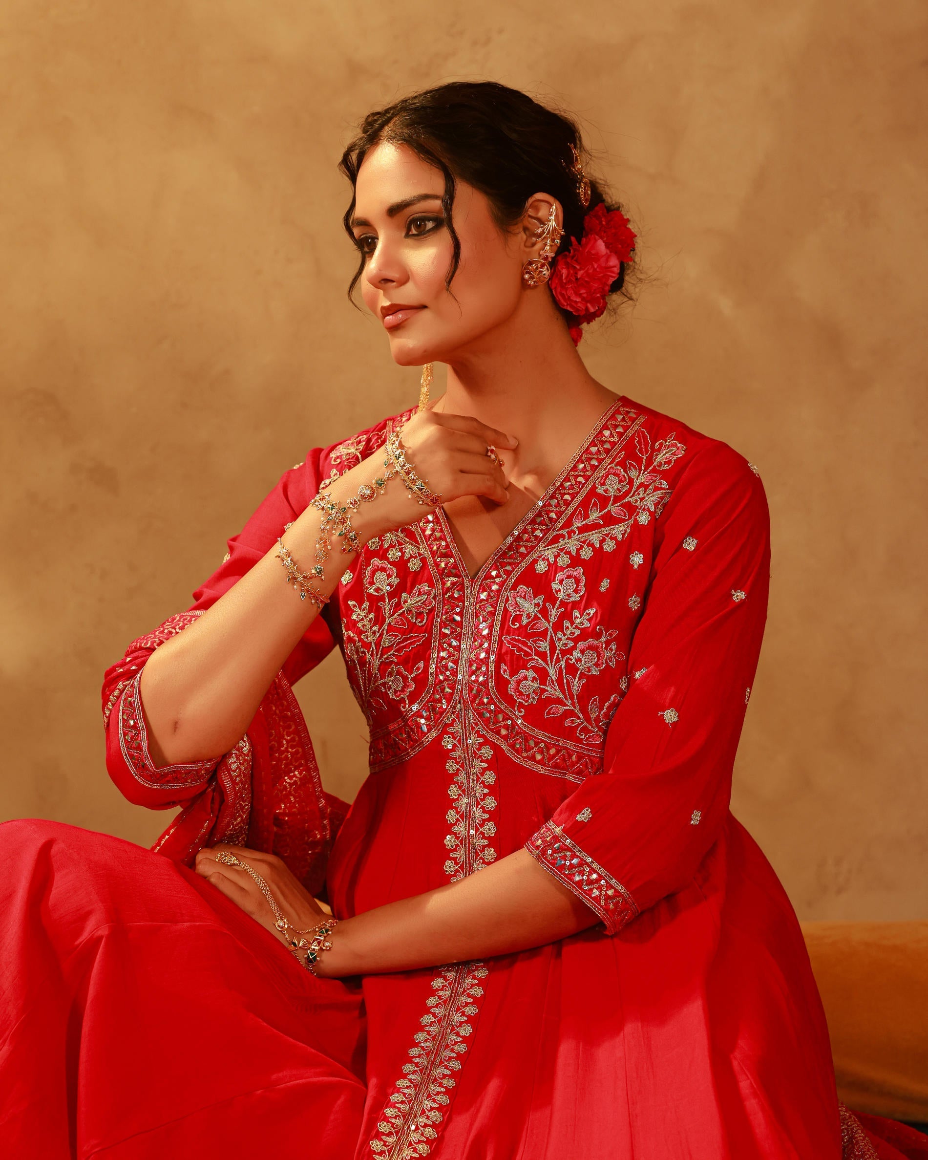 Juniper Magenta Viscose Solid Fit & Flared Kurta With Pants & Dupatta Set With Mirror, Thread, Dori & Sequence Work - Distacart