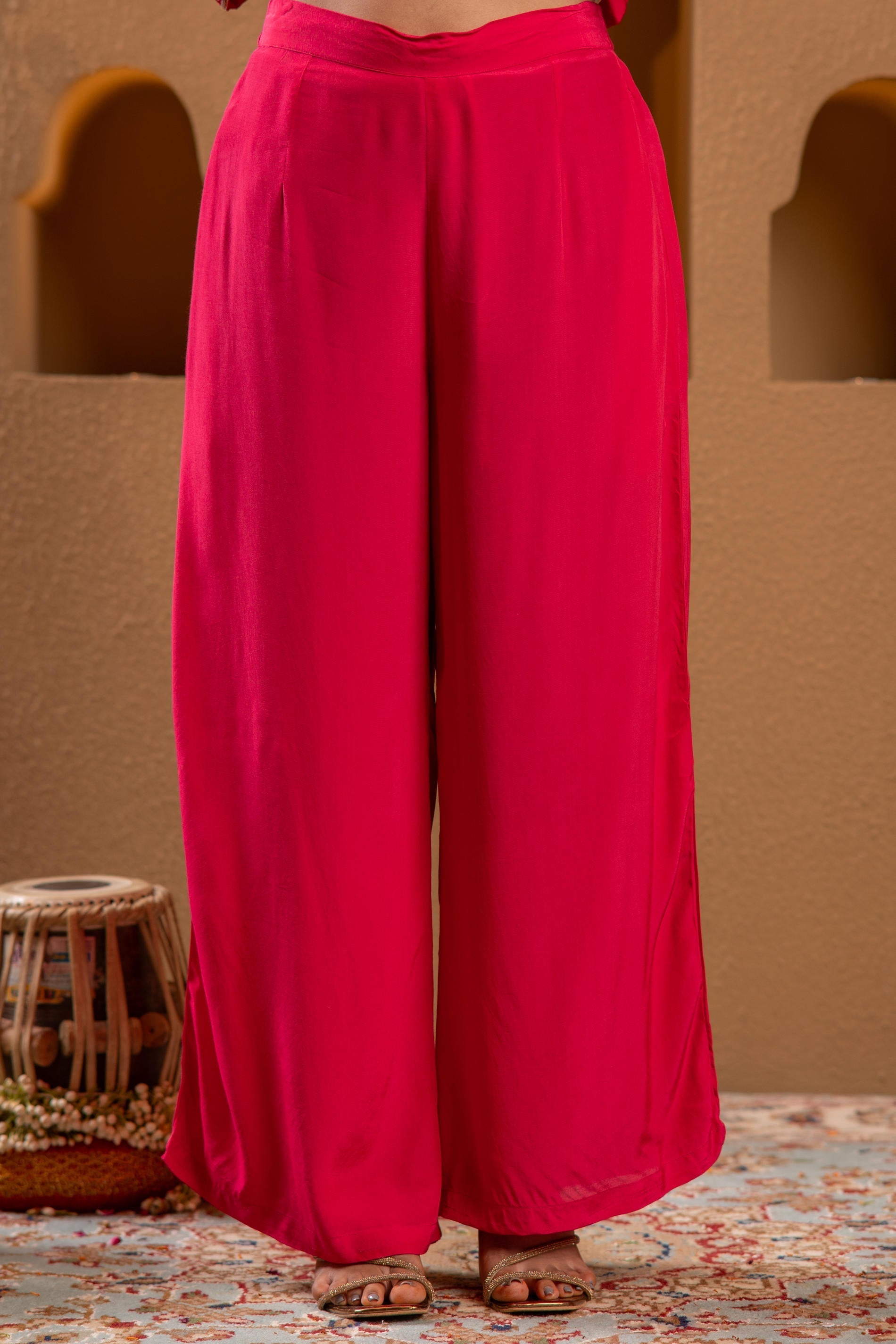 Juniper Magenta Viscose Solid Fit & Flared Kurta With Pants & Dupatta Set With Mirror, Thread, Dori & Sequence Work - Distacart
