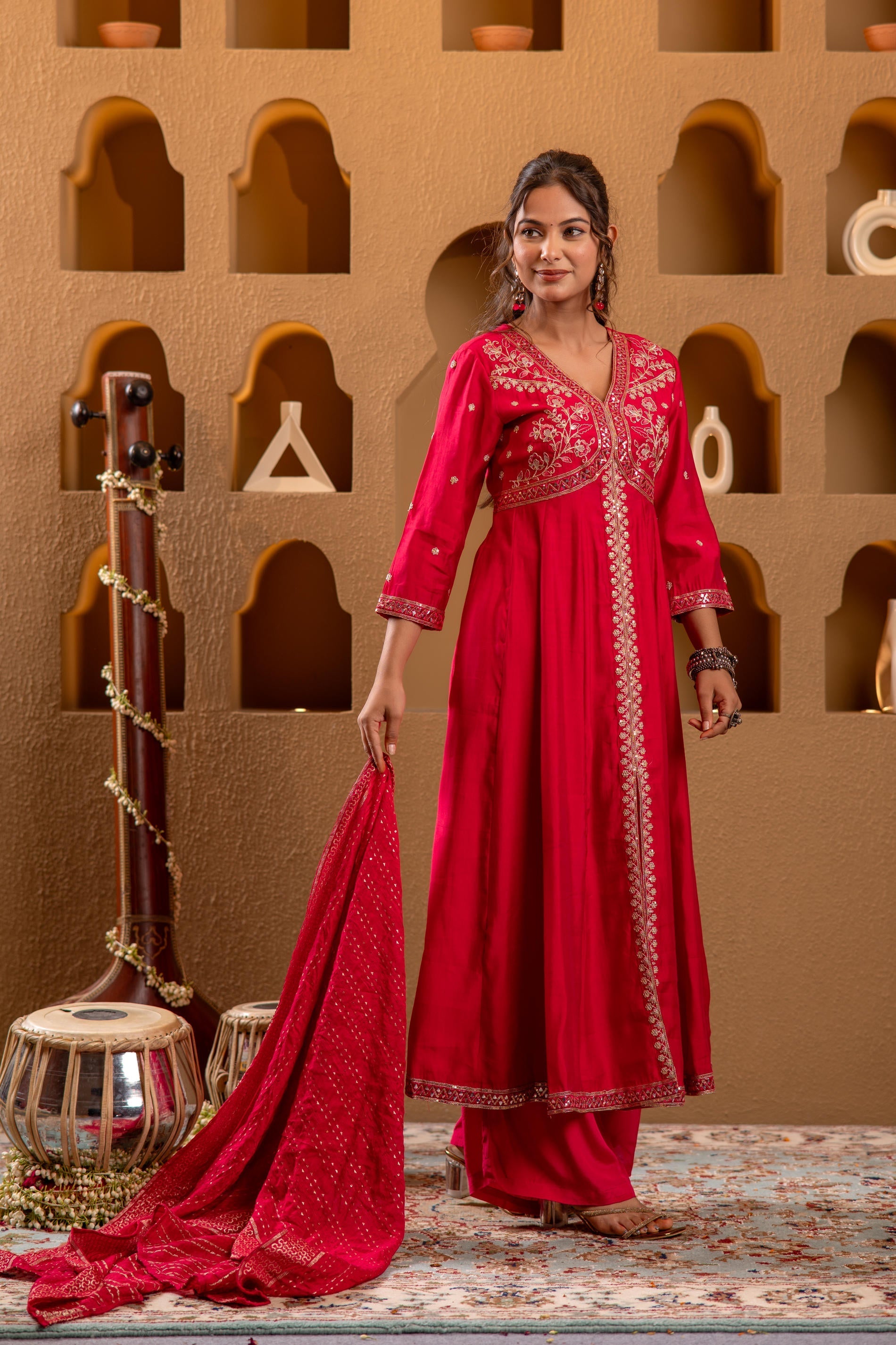 Juniper Magenta Viscose Solid Fit & Flared Kurta With Pants & Dupatta Set With Mirror, Thread, Dori & Sequence Work - Distacart