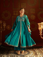 Juniper Rama Green Viscose Solid Fit & Flared Kurta With Pants & Dupatta Set With Mirror, Thread, Dori & Sequence Work - Distacart