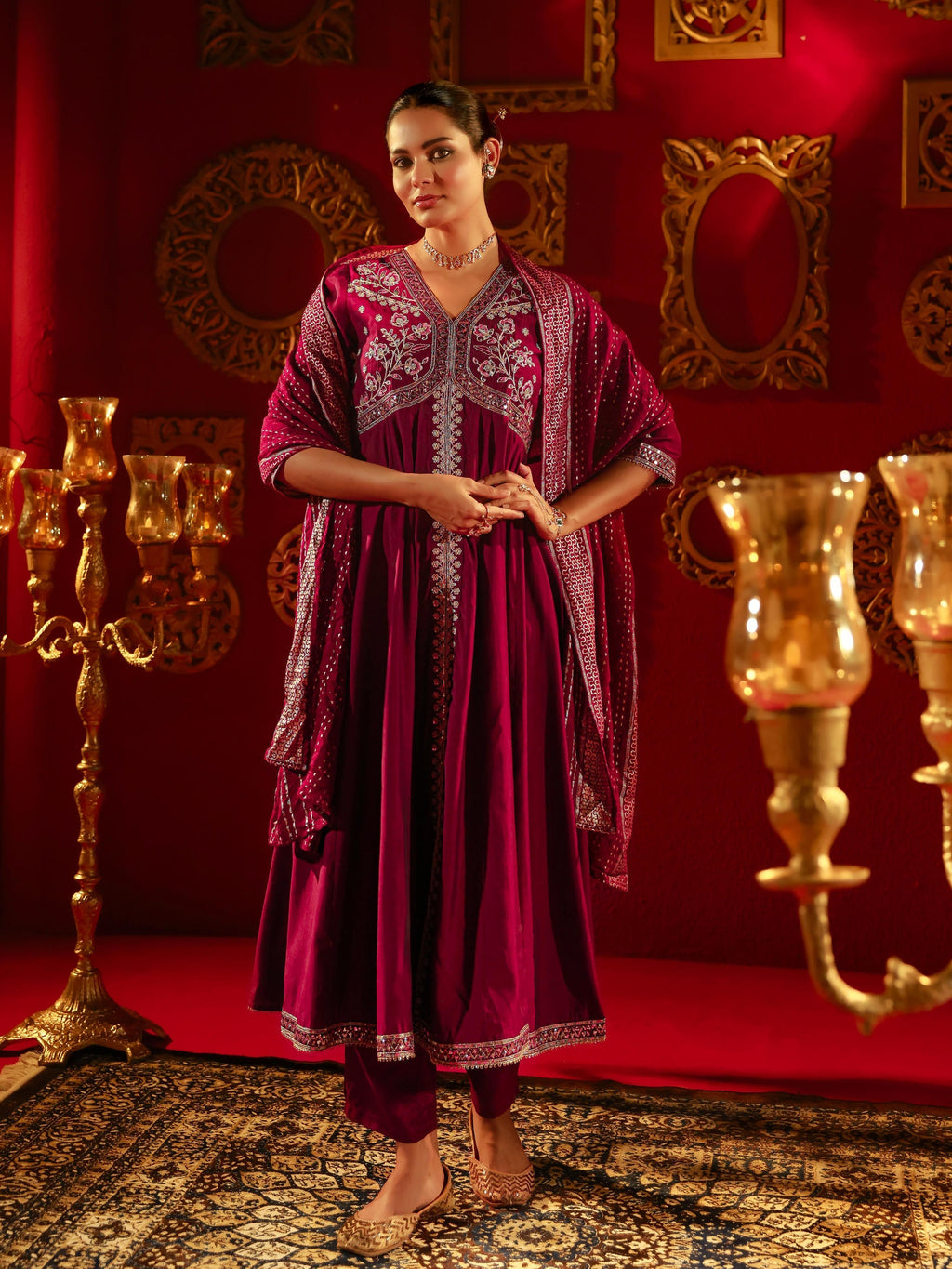 Juniper Wine Viscose Solid Fit & Flared Kurta With Pants & Dupatta Set With Mirror, Thread, Dori & Sequence Work - Distacart