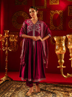 Juniper Wine Viscose Solid Fit & Flared Kurta With Pants & Dupatta Set With Mirror, Thread, Dori & Sequence Work - Distacart