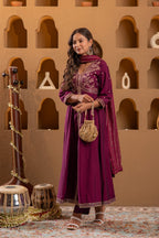 Juniper Wine Viscose Solid Fit & Flared Kurta With Pants & Dupatta Set With Mirror, Thread, Dori & Sequence Work - Distacart