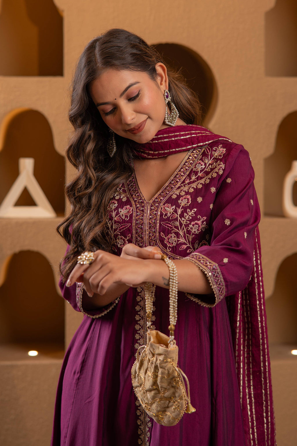 Juniper Wine Viscose Solid Fit & Flared Kurta With Pants & Dupatta Set With Mirror, Thread, Dori & Sequence Work - Distacart