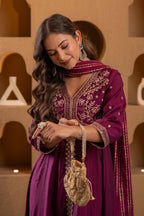 Juniper Wine Viscose Solid Fit & Flared Kurta With Pants & Dupatta Set With Mirror, Thread, Dori & Sequence Work - Distacart