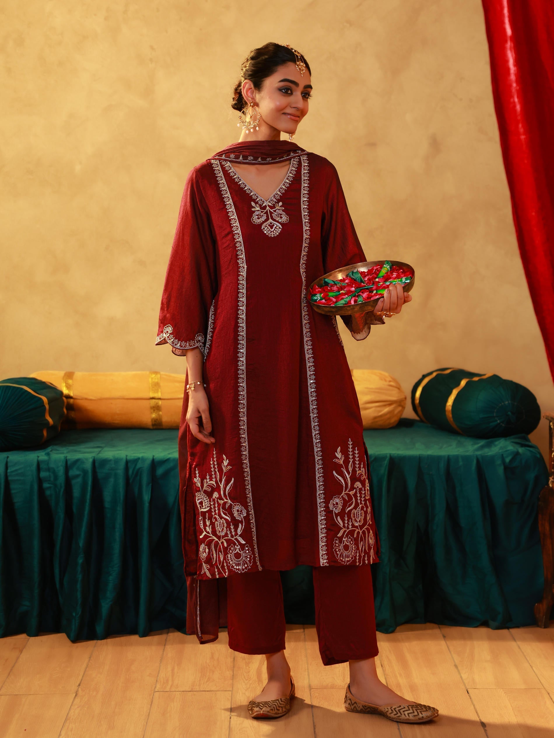 Juniper Red Man Made Fiber Straight Kurta Pant And Dupatta Set With Mirror, Thread, Dori & Sequin Work - Distacart