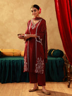 Juniper Red Man Made Fiber Straight Kurta Pant And Dupatta Set With Mirror, Thread, Dori & Sequin Work - Distacart