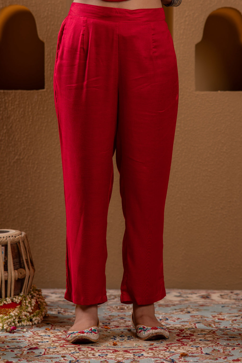 Juniper Red Man Made Fiber Straight Kurta Pant And Dupatta Set With Mirror, Thread, Dori & Sequin Work - Distacart