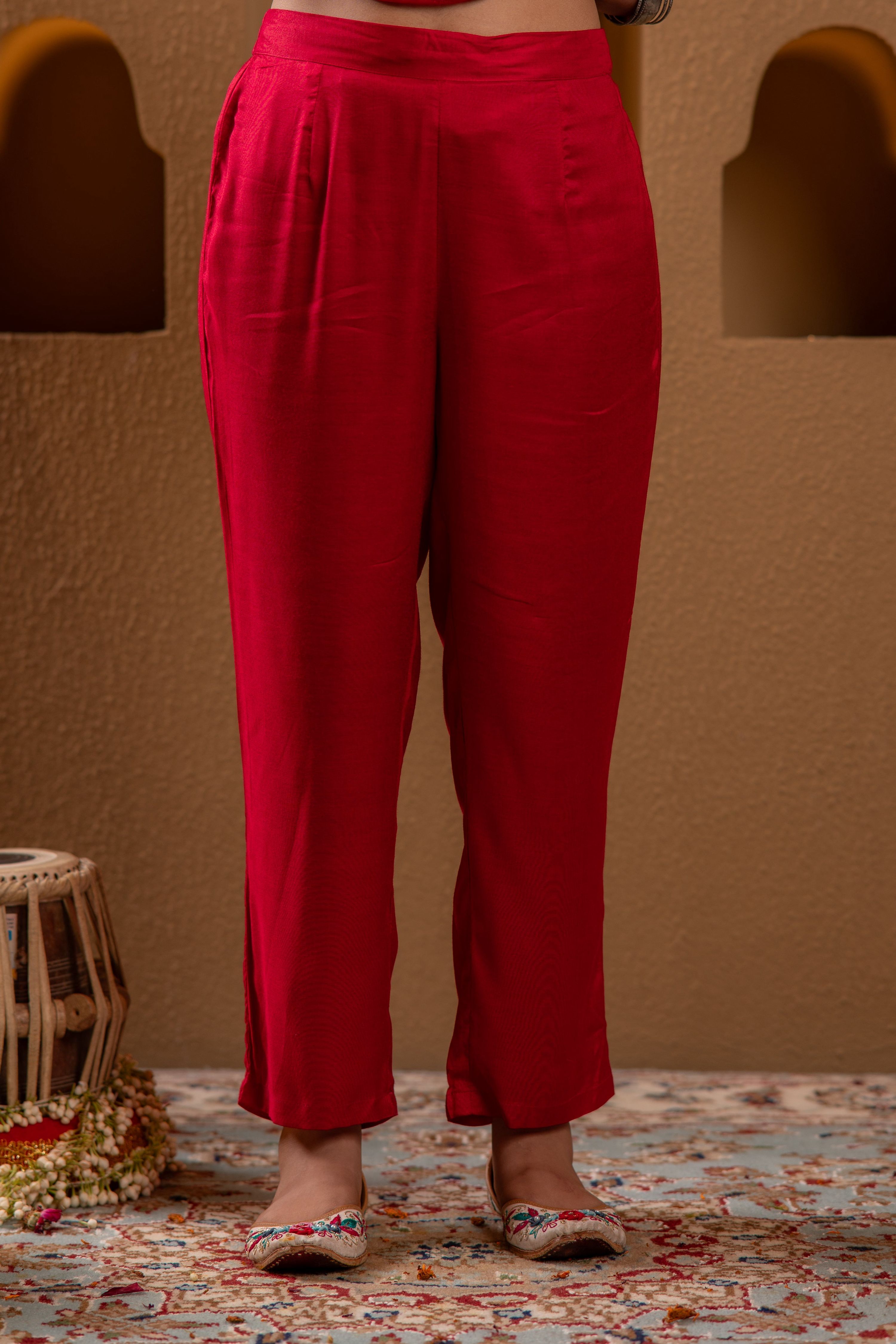 Juniper Red Man Made Fiber Straight Kurta Pant And Dupatta Set With Mirror, Thread, Dori & Sequin Work - Distacart