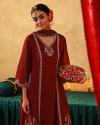 Juniper Red Man Made Fiber Straight Kurta Pant And Dupatta Set With Mirror, Thread, Dori & Sequin Work - Distacart