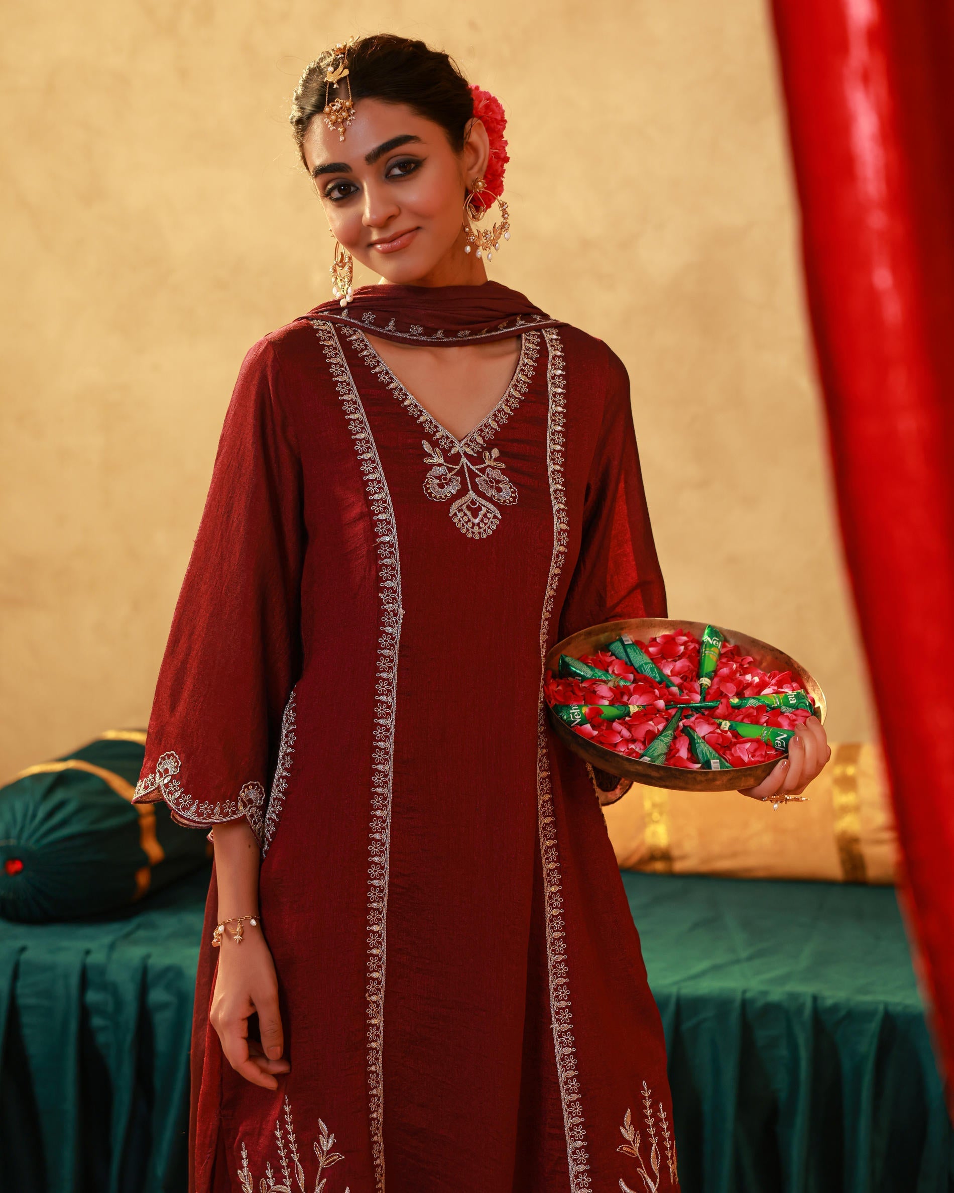 Juniper Red Man Made Fiber Straight Kurta Pant And Dupatta Set With Mirror, Thread, Dori & Sequin Work - Distacart