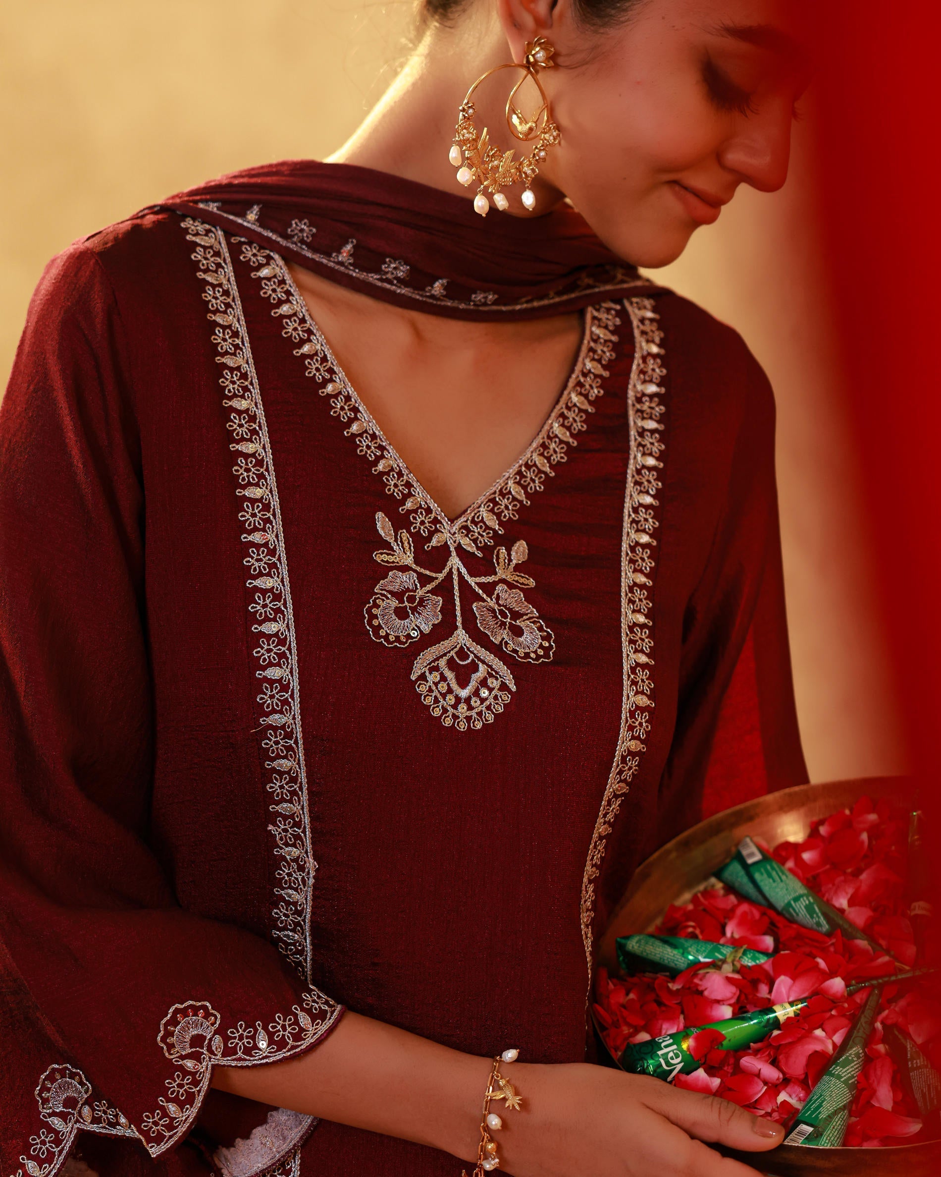 Juniper Red Man Made Fiber Straight Kurta Pant And Dupatta Set With Mirror, Thread, Dori & Sequin Work - Distacart