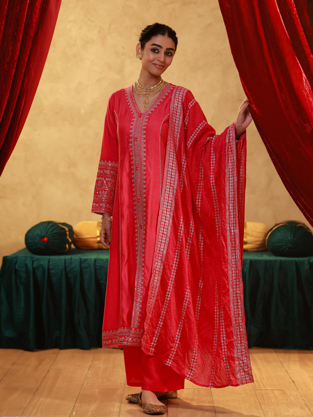 Juniper Fuchsia Viscose Solid A-Line Kurta With Pants & Dupatta Set With Zari, Sequence & Dori Work - Distacart
