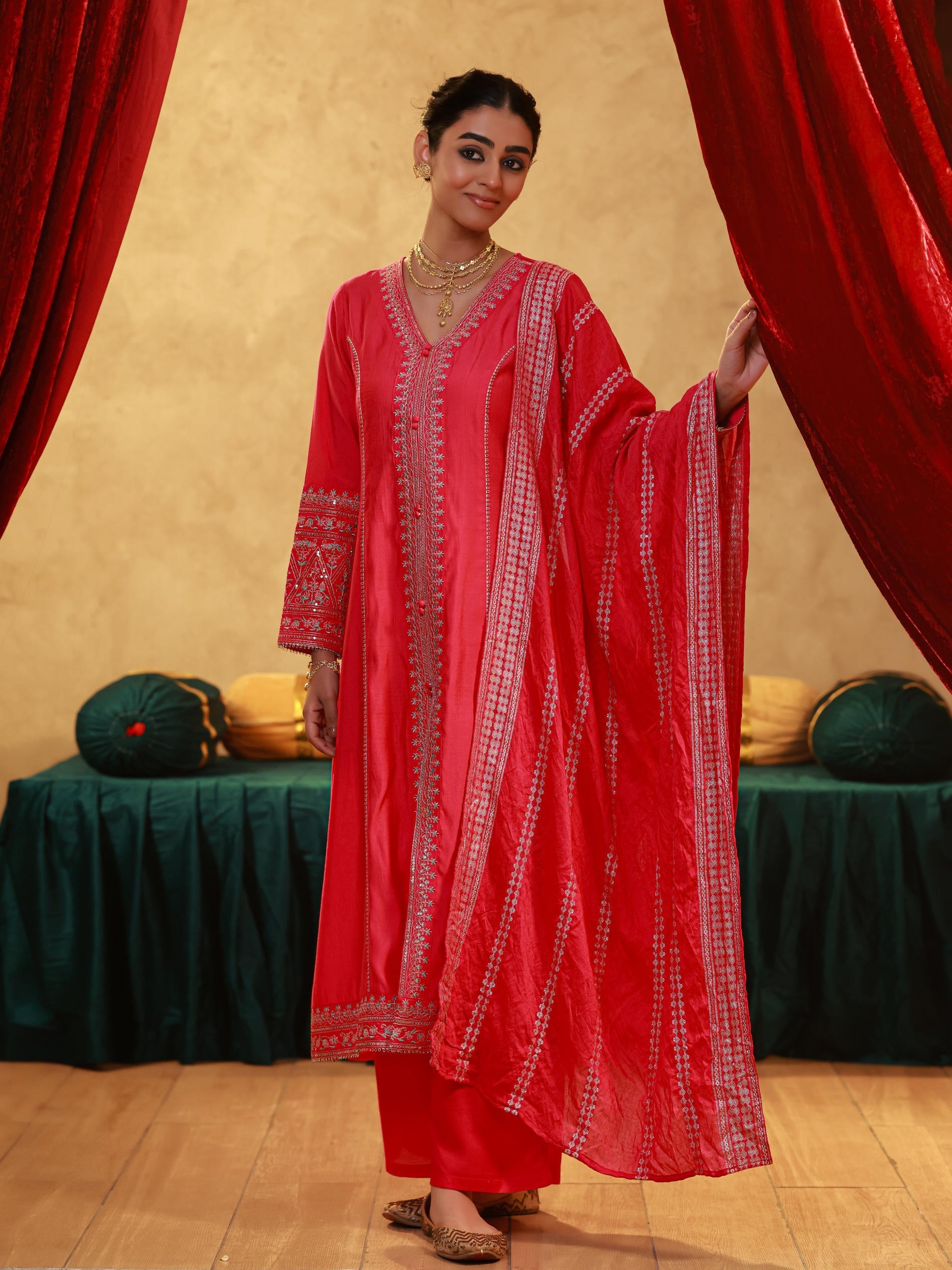 Juniper Fuchsia Viscose Solid A-Line Kurta With Pants & Dupatta Set With Zari, Sequence & Dori Work - Distacart