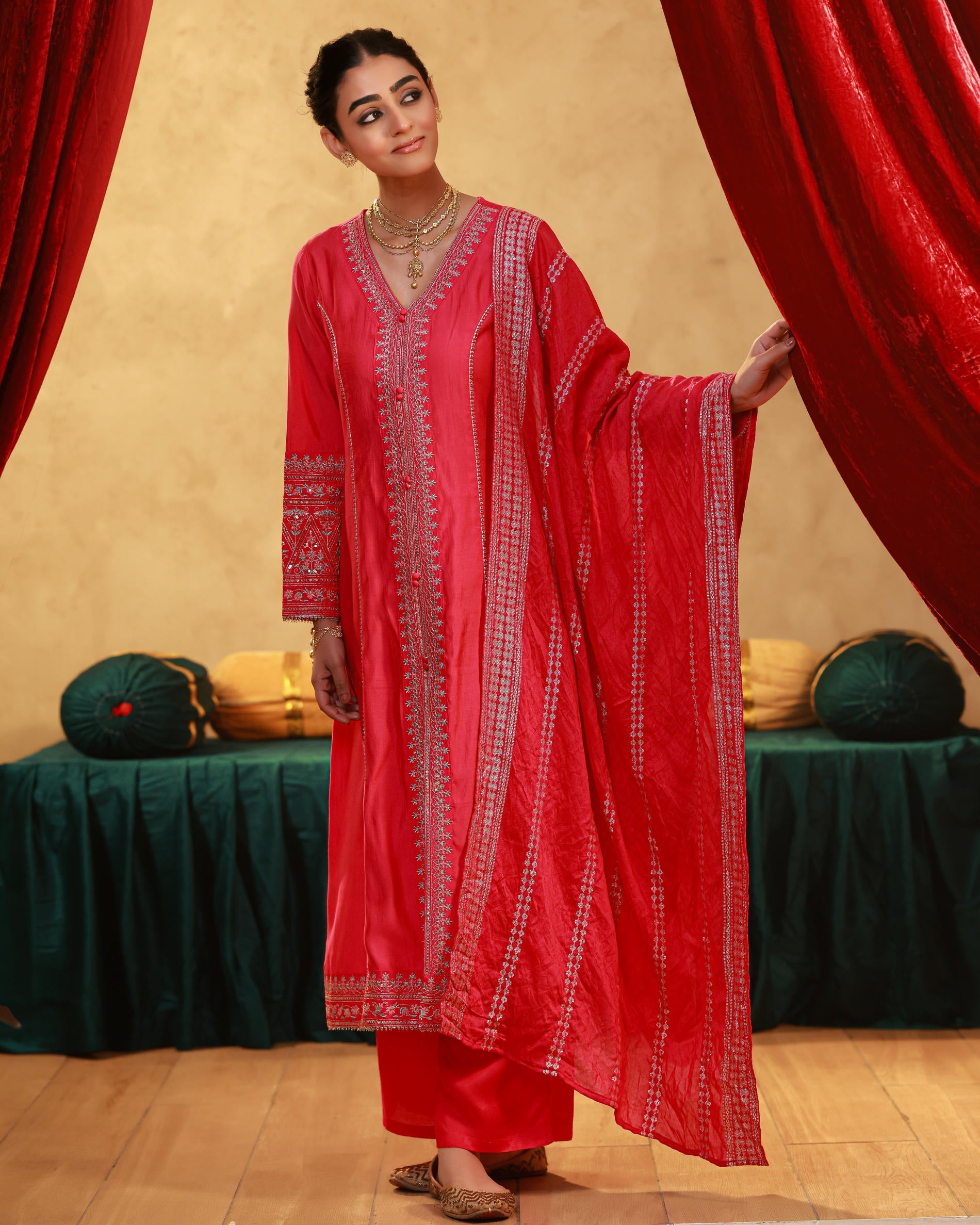 Juniper Fuchsia Viscose Solid A-Line Kurta With Pants & Dupatta Set With Zari, Sequence & Dori Work - Distacart