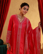 Juniper Fuchsia Viscose Solid A-Line Kurta With Pants & Dupatta Set With Zari, Sequence & Dori Work - Distacart