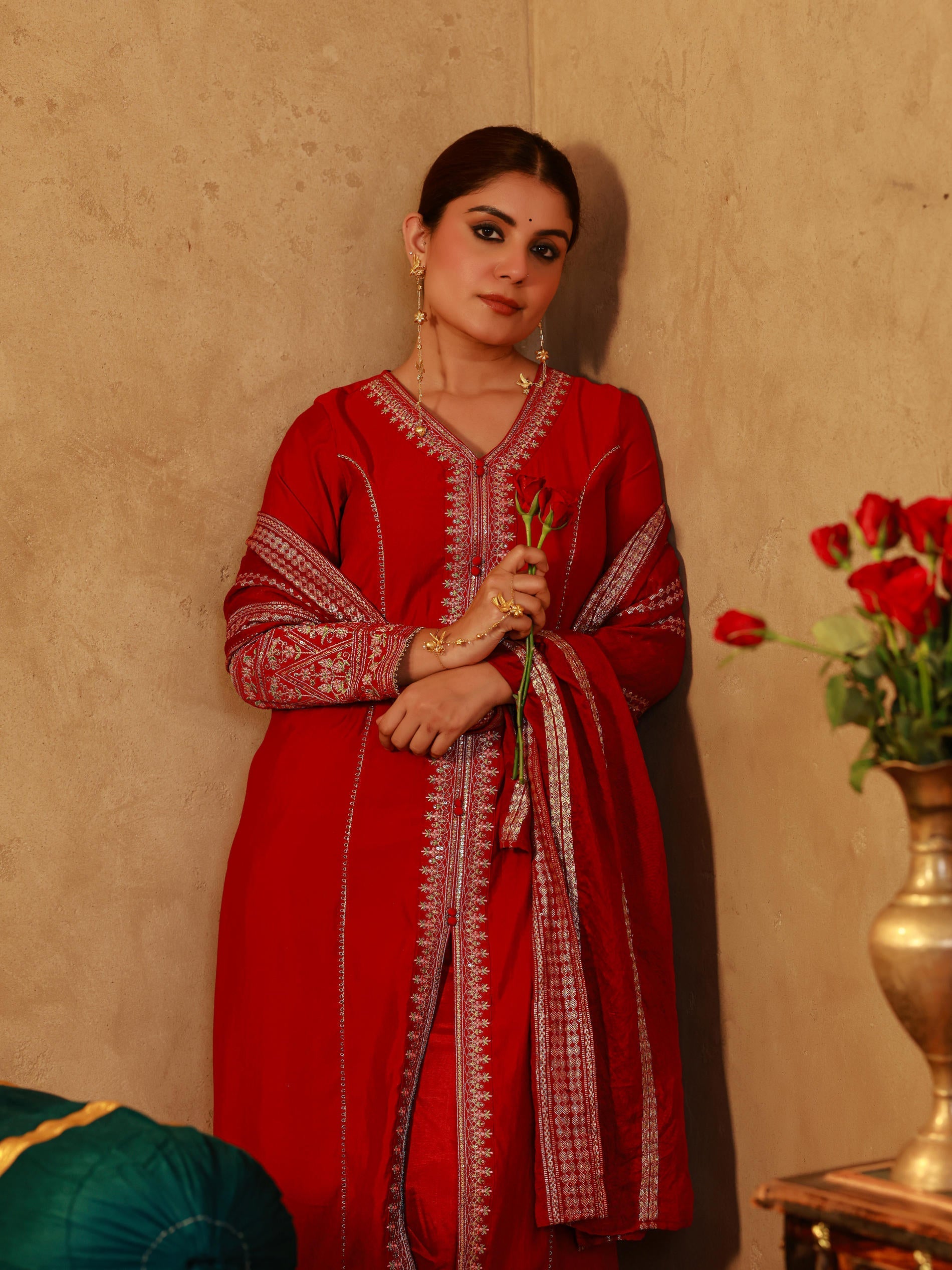 Juniper Red Viscose Solid A-Line Kurta With Pants & Dupatta Set With Zari, Sequence & Dori Work - Distacart