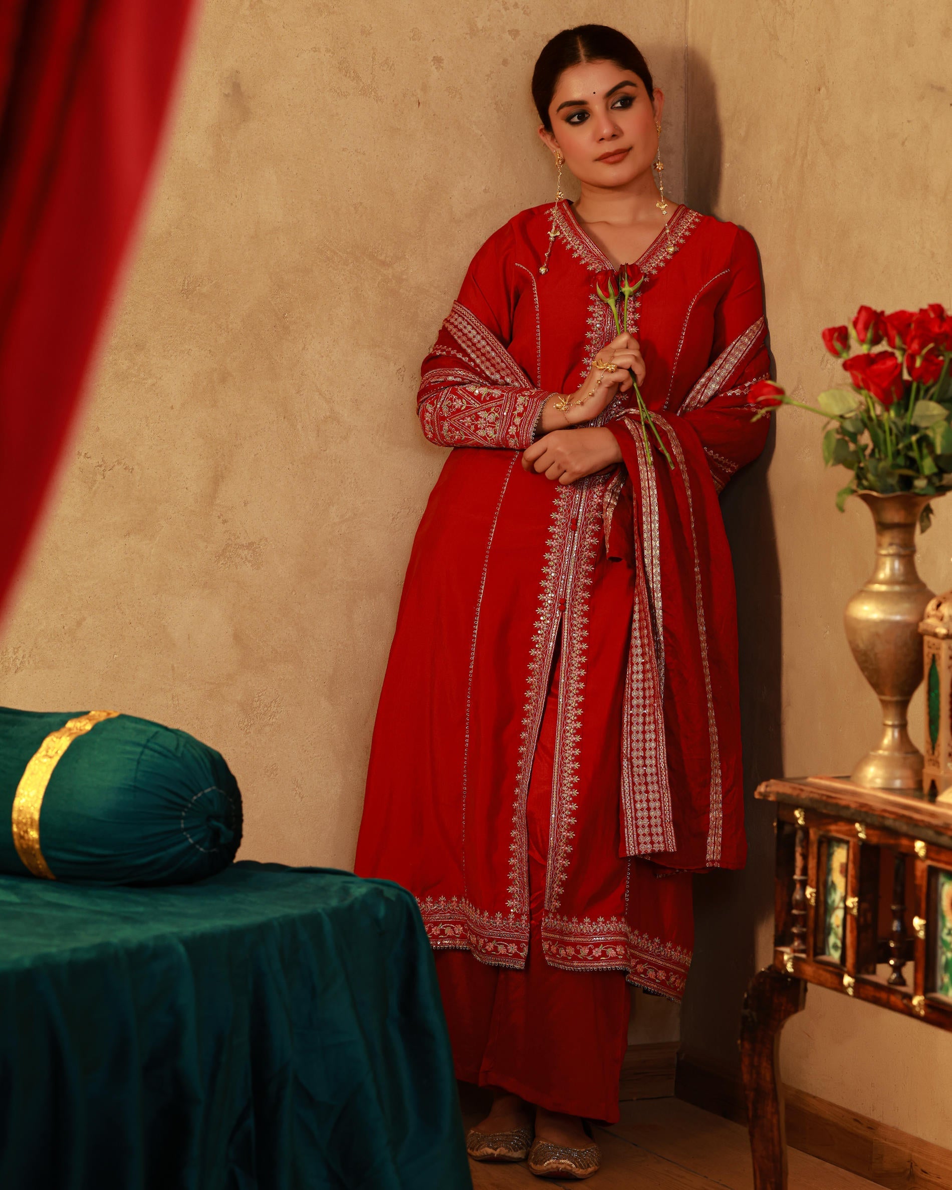 Juniper Red Viscose Solid A-Line Kurta With Pants & Dupatta Set With Zari, Sequence & Dori Work - Distacart