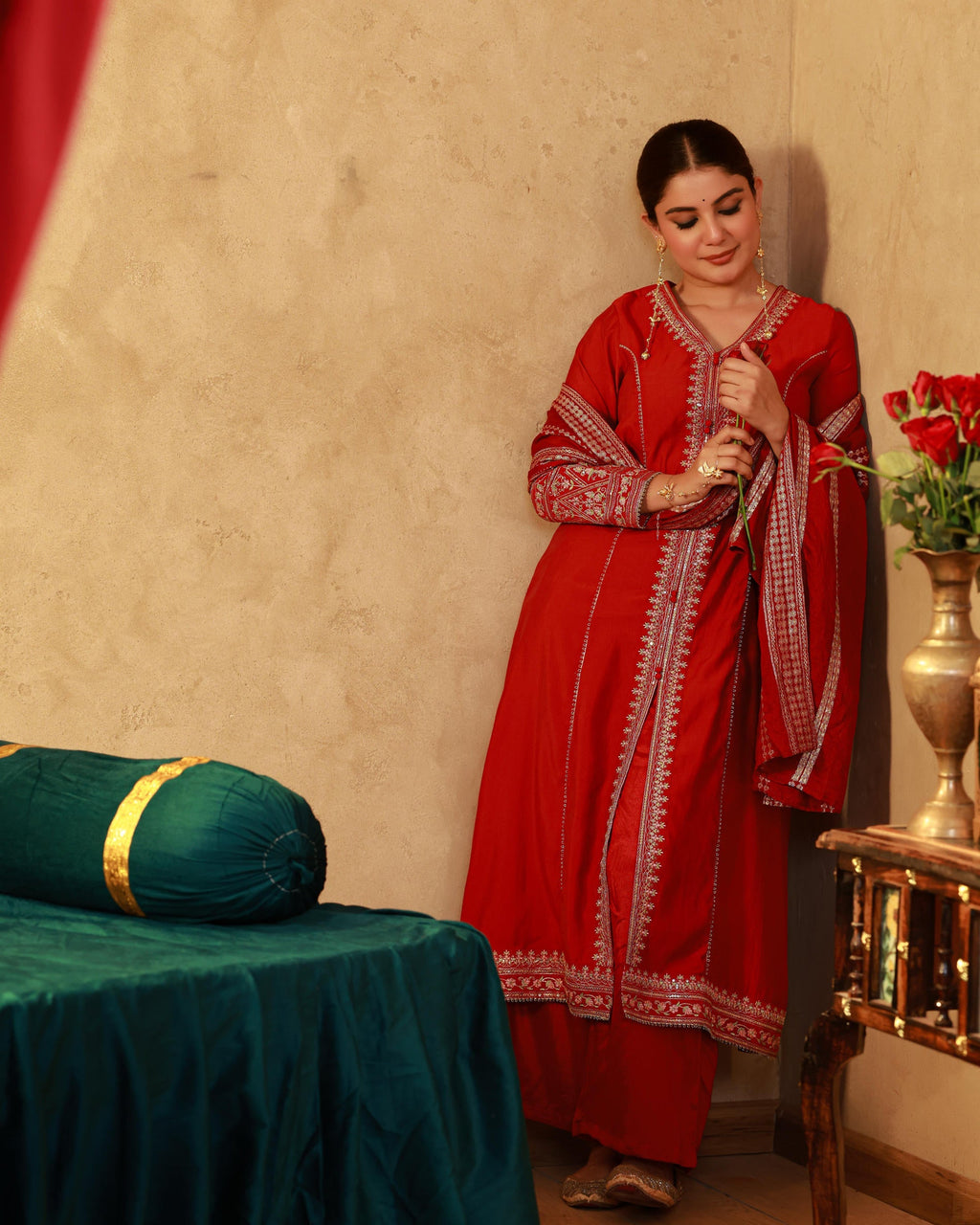 Juniper Red Viscose Solid A-Line Kurta With Pants & Dupatta Set With Zari, Sequence & Dori Work - Distacart