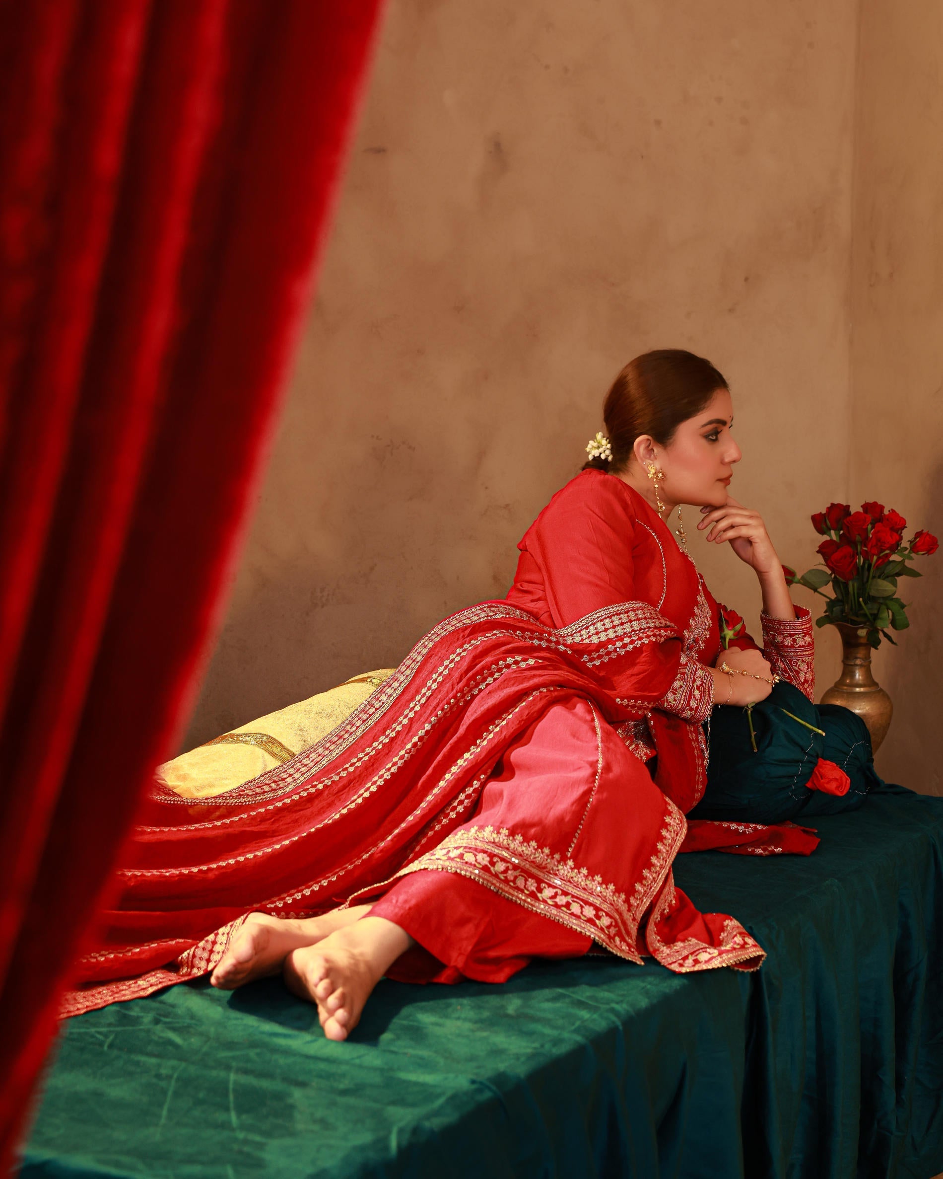 Juniper Red Viscose Solid A-Line Kurta With Pants & Dupatta Set With Zari, Sequence & Dori Work - Distacart