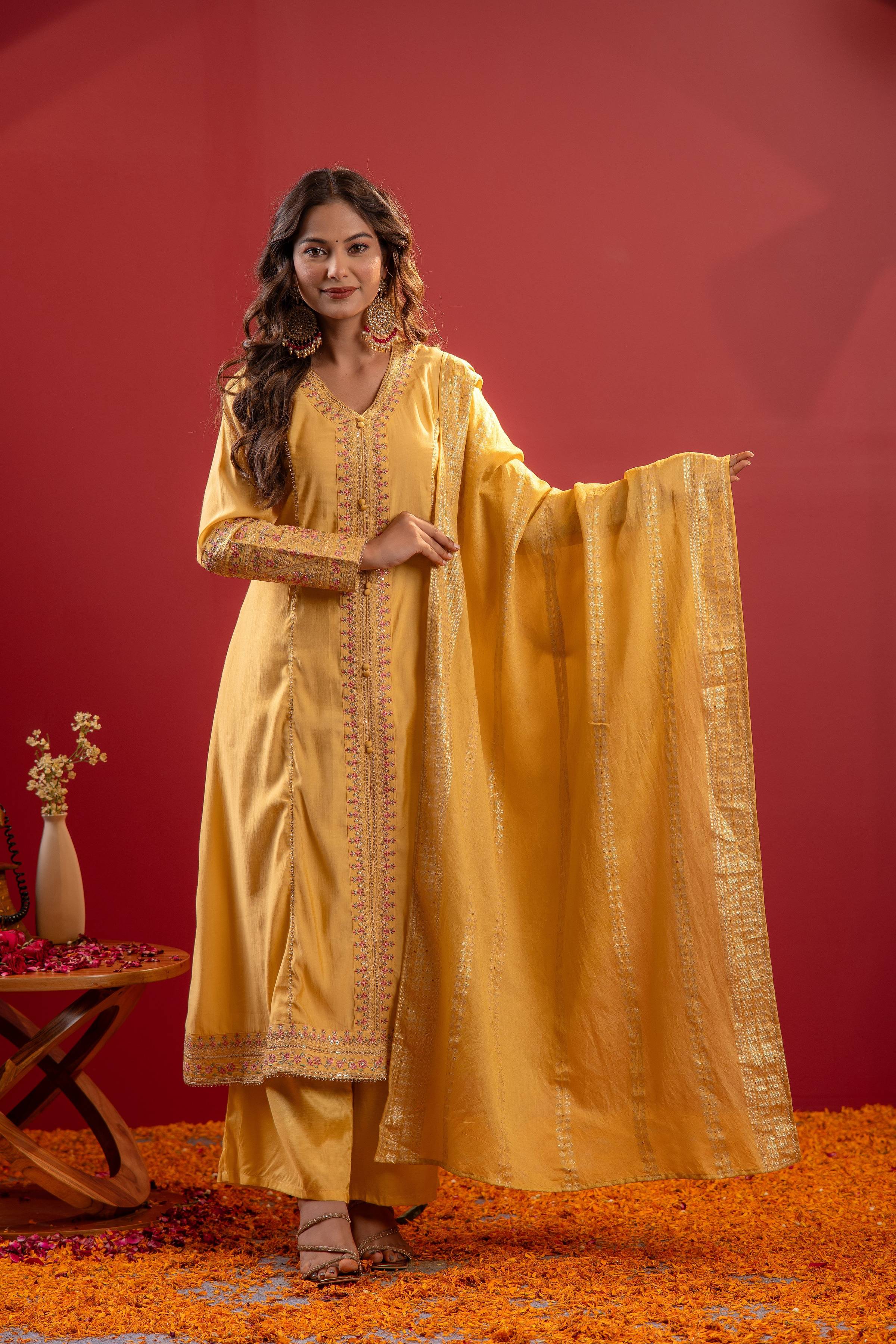 Juniper Yellow Viscose Solid A-Line Kurta With Pants & Dupatta Set With Zari, Sequence & Dori Work - Distacart