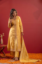 Juniper Yellow Viscose Solid A-Line Kurta With Pants & Dupatta Set With Zari, Sequence & Dori Work - Distacart