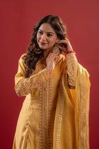 Juniper Yellow Viscose Solid A-Line Kurta With Pants & Dupatta Set With Zari, Sequence & Dori Work - Distacart