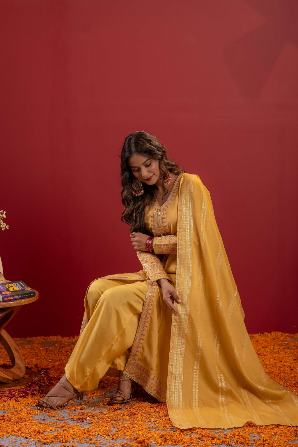 Juniper Yellow Viscose Solid A-Line Kurta With Pants & Dupatta Set With Zari, Sequence & Dori Work - Distacart