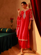 Juniper Magenta Man Made Fiber Flared Kurta Pant And Dupatta Set With Zari, Mirror, Thread & Sequin Work - Distacart