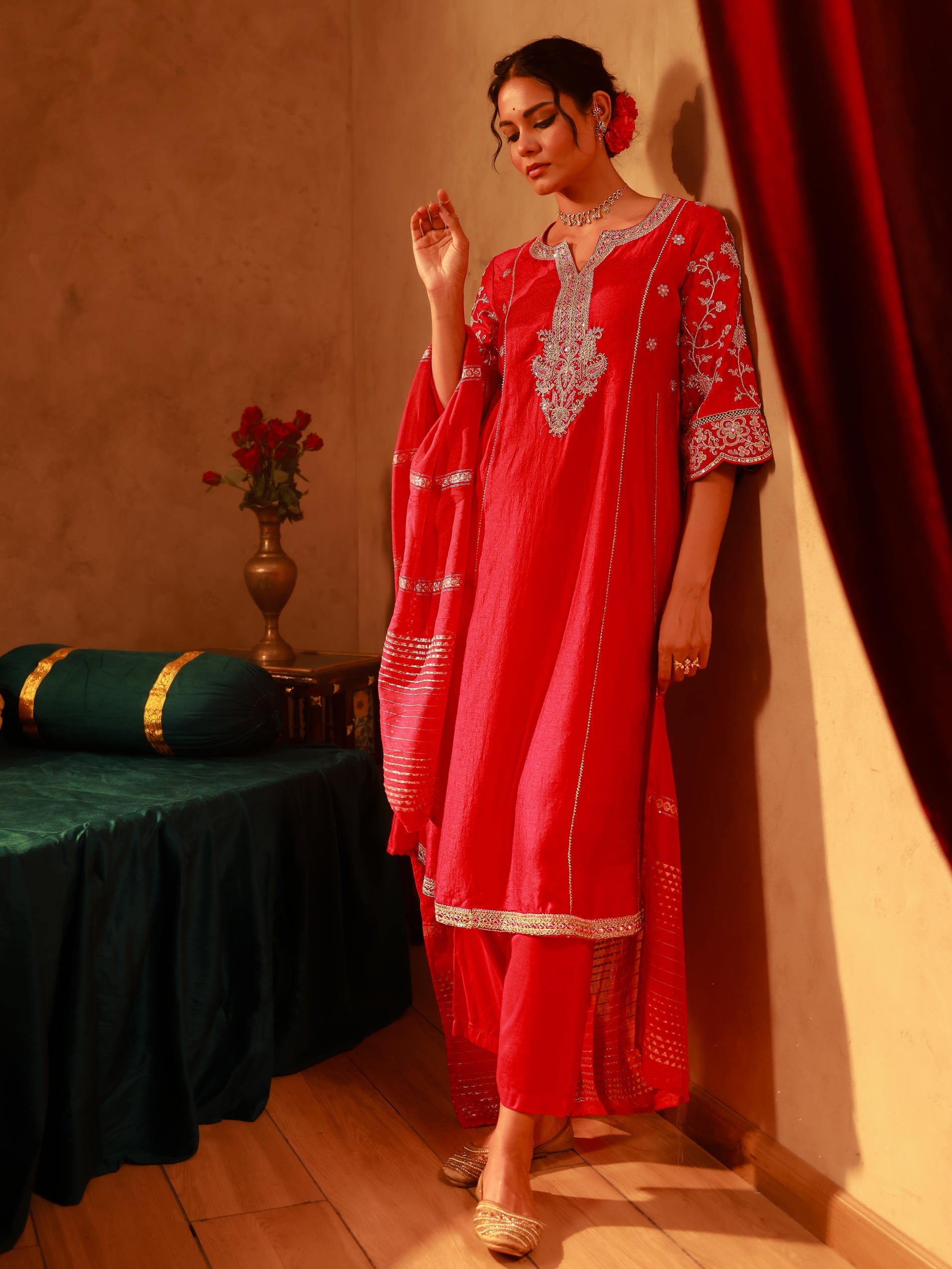 Juniper Magenta Man Made Fiber Flared Kurta Pant And Dupatta Set With Zari, Mirror, Thread & Sequin Work - Distacart