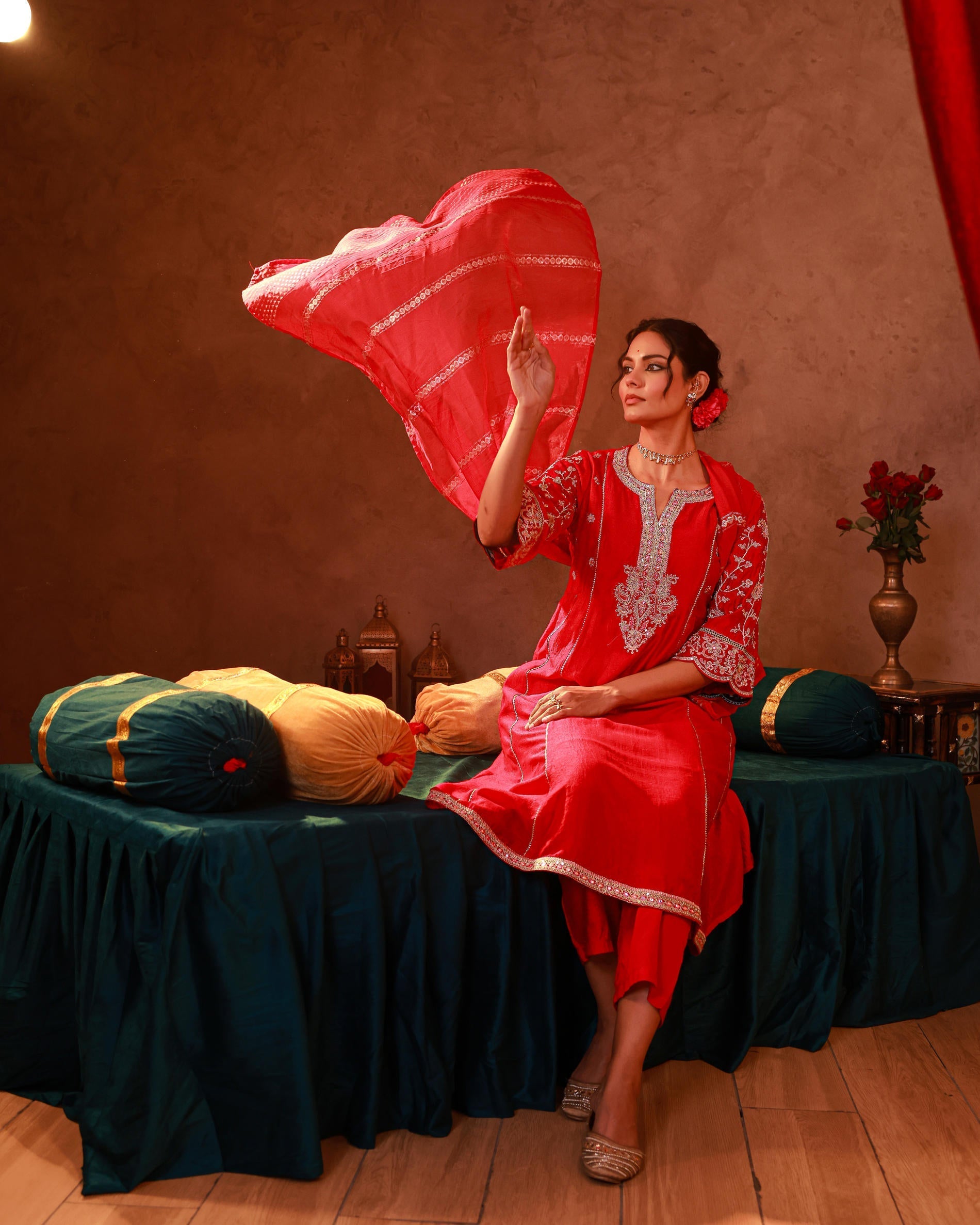 Juniper Magenta Man Made Fiber Flared Kurta Pant And Dupatta Set With Zari, Mirror, Thread & Sequin Work - Distacart